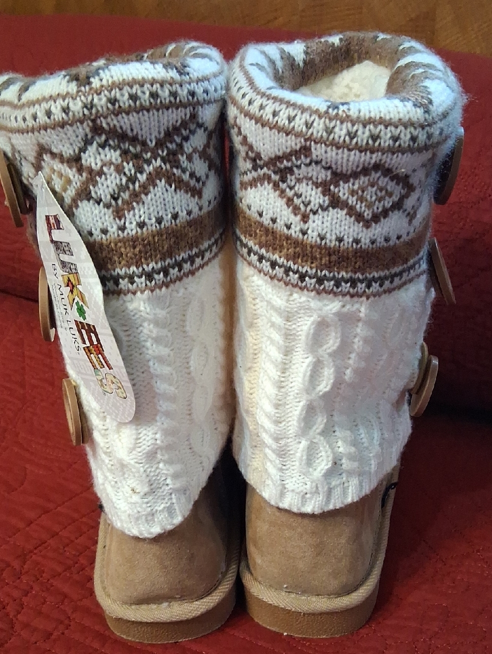 Luk Ees By Muk Luks Knit Button Accent Boot in Cream & Tan - Picture 4 of 10